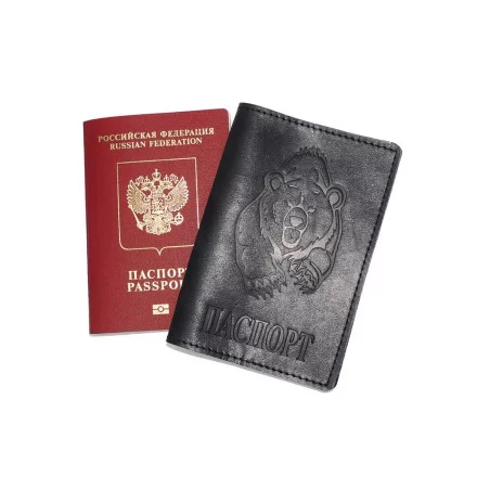Обложка для паспорта кожаная Черный, Медведь злой Обложка для паспорта кожаная Черный, Медведь злой