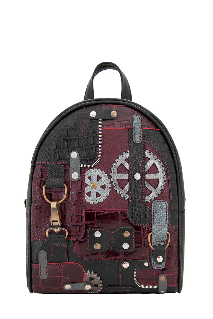 Кожаный рюкзак Protege, 348-181 "Техно" чёрный+бордо флотер